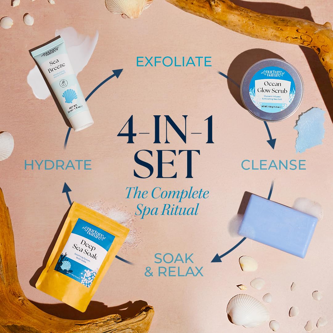 Nurture by Nature Ocean Escape Spa Gift Baskets for Women - 4 Piece Ocean Home Self Care Gift Set with Body Scrub, Bath Salts, Soap & Hand Cream - Pamper Gifts for Women Relax - Cruelty Free & Vegan