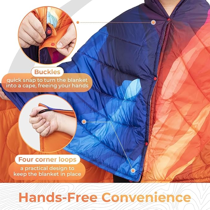KingCamp Ultralight Camping Blanket, Packable Down Alternative Puffy Printed Wearable Blanket with Snap Buttons & Corner Loops Weatherproof Quilt for Outdoor Travel Stadium (79"L x 57"W, PEAK)