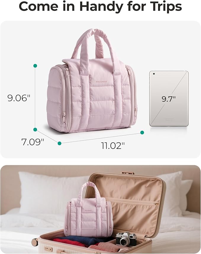 BAGSMART Hanging Toiletry Bag with Removable Partition, Puffy Water-resistant Fabric, Cosmetic Bag Makeup Bag for Full Sized Toiletries, Nude Pink