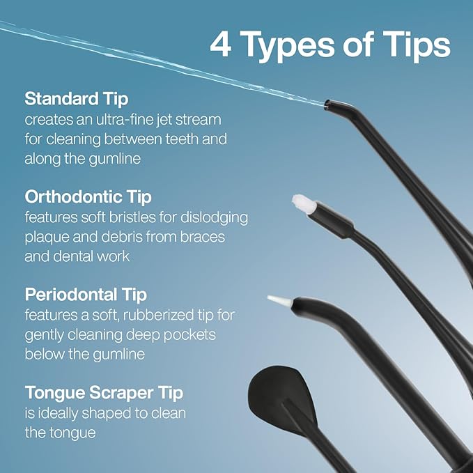 AquaSonic Aqua Flosser Replacement Tips - 5 Tips, 4 Types: Standard, Periodontal, Orthodontic & Tongue Scraper - Genuine, Authentic Parts (Black)