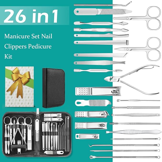 26-Piece Professional Manicure and Pedicure Kit, Nail Clippers Set, Stainless Steel Nail Care Tools with Travel Case, Silver White