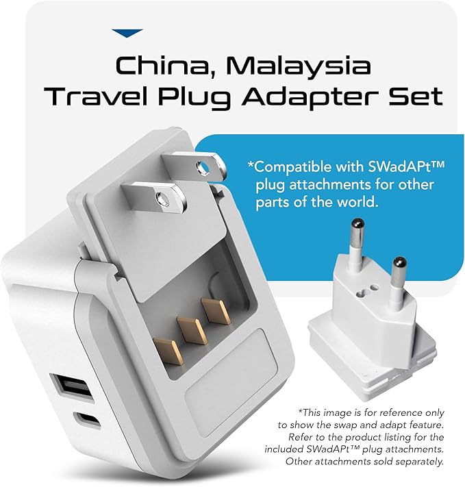 Ceptics China, Malaysia Power Adapter Travel Set, 20W PD & QC, Safe Dual USB & USB-C 3.1A–2 USA Outlet - Compact-Use in Hong Kong, Kuwait, Singapore, Iraq - Includes Type G, I, C SWadAPt Attachments