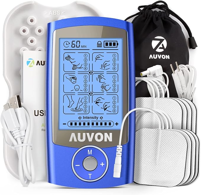 AUVON Rechargeable TENS Unit Muscle Stimulator, 24 Modes 4th Gen TENS Machine with 8pcs 2"x2" Premium Electrode Pads for Pain Relief