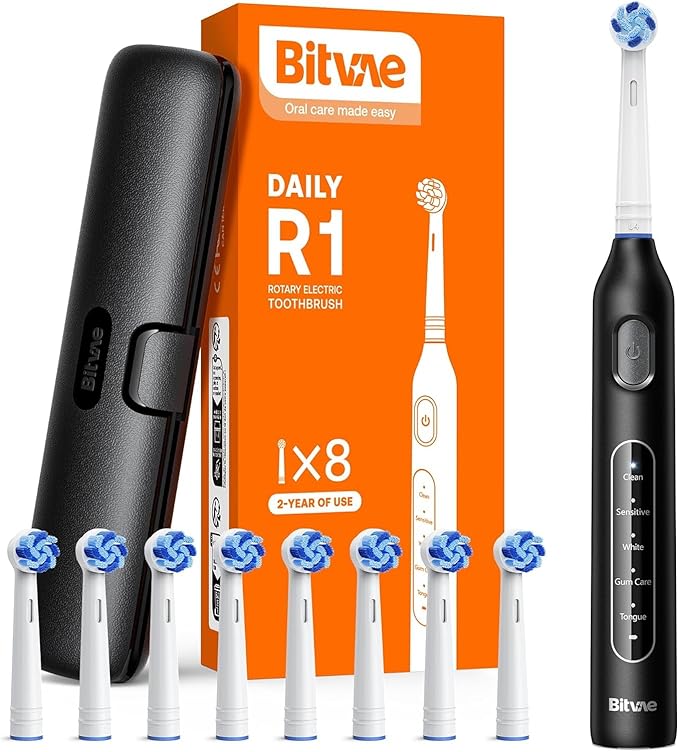 Bitvae R1 Rotating Electric Toothbrush with 8 Brush Heads for Adults and Kids, 60-Day Battery Life, 5 Modes Rechargeable Power Toothbrush with 2-Minute Smart Timer, Black