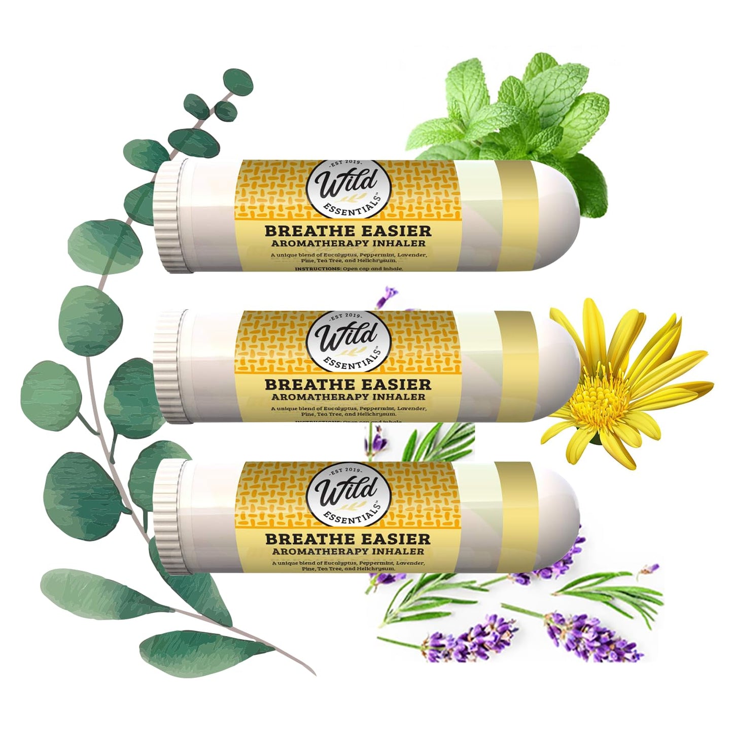 Wild Essentials 3 Pack of Breathe Easier Aromatherapy Nasal Inhalers Made with 100% Natural, Premium Grade Essential Oils, Allergies, Sinus, Clearing