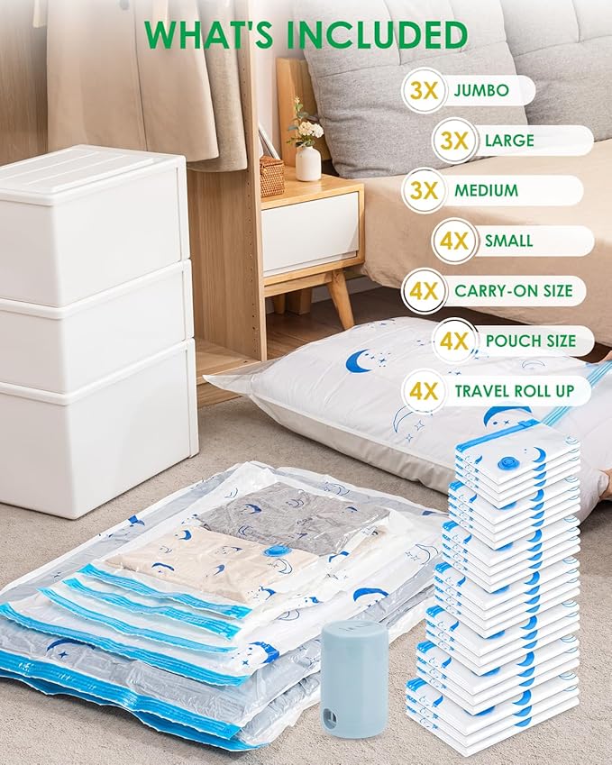 Travel Compression Bags, 25 Pack Vacuum Storage Bags with 1500mAh Rechargeable Battery, Vacuum Seal Bag for Space Saving Clothes, Blanket, Duvets, Pillows, Comforters, Travel Essentials, Luggage