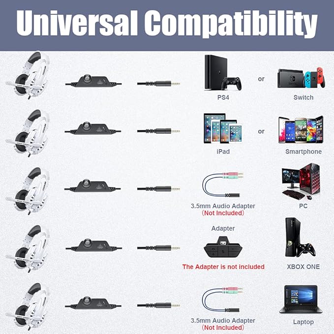 BENGOO Pro Gaming Headset for PS4 PS5 PC Xbox One Controller, Noise Cancelling Over Ear Headphones with Mic, LED Light, Bass Surround, Soft Memory Earmuffs for Laptop Mac - White