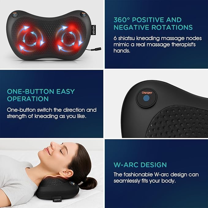 VOYOR-HEALTH Shiatsu Neck and Back Massager with Heat - 3D Kneading Deep Tissue Massage Pillow for Lower Back, Shoulder, Calf, Foot, Use at Home, Car, Office YZ100