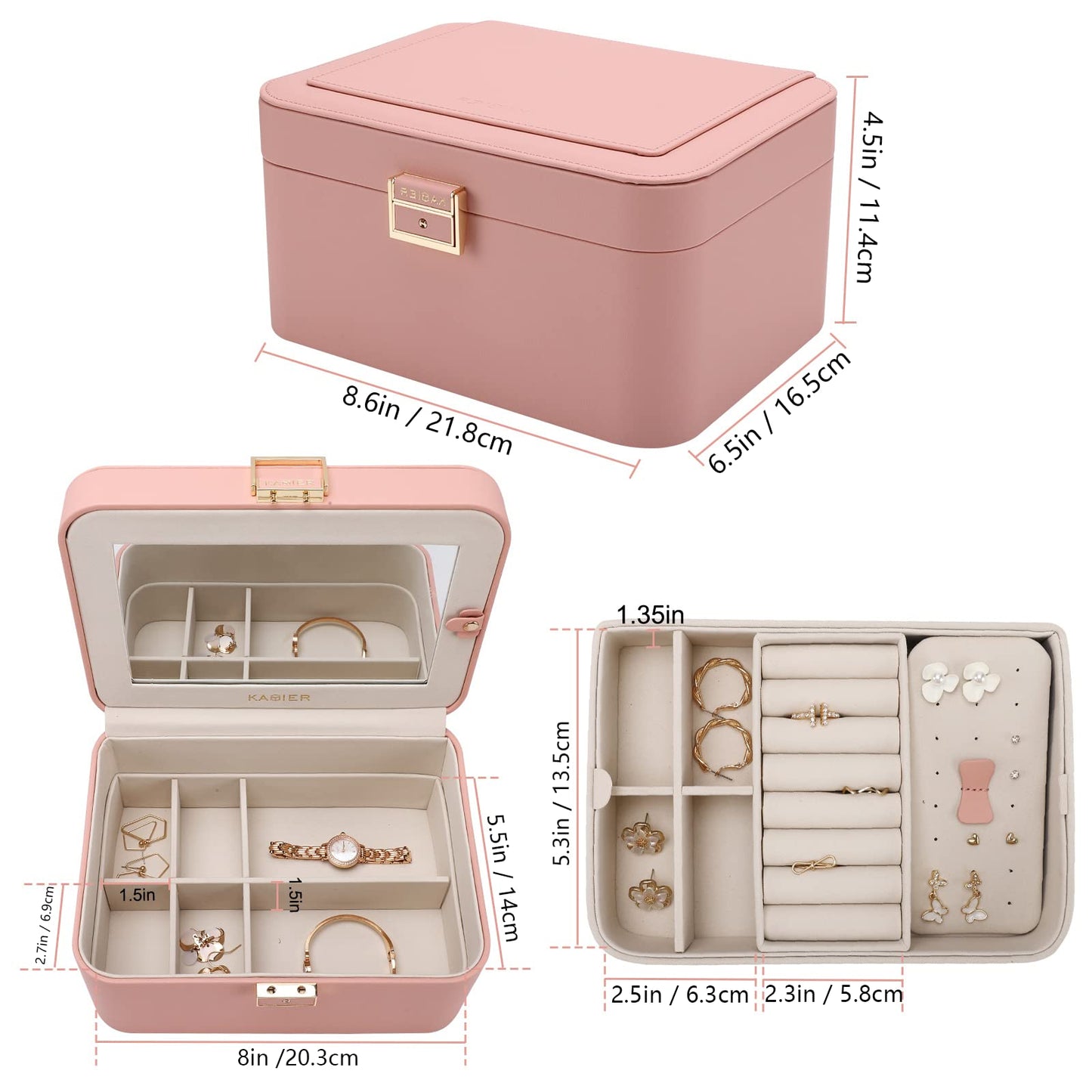 KAMIER Jewelry Boxes for Women, 2 Layers PU Leather Travel Jewelry Box, Large Capacity, Double Lock and Large Mirror, Hidden Necklace Hooks, Removable Dividers, Gift Box Packaging, Pink