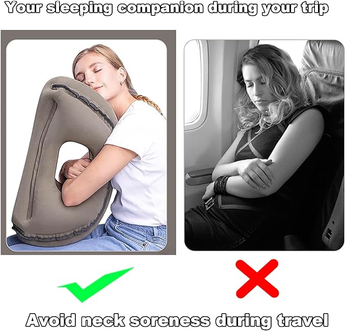 Inflatable Travel Pillow | Airplane Neck Pillow & Portable Inflatable Neck Support - Multifunctional for Flights, Cars, Office Use, with Eye Mask & Earplugs (Grey)