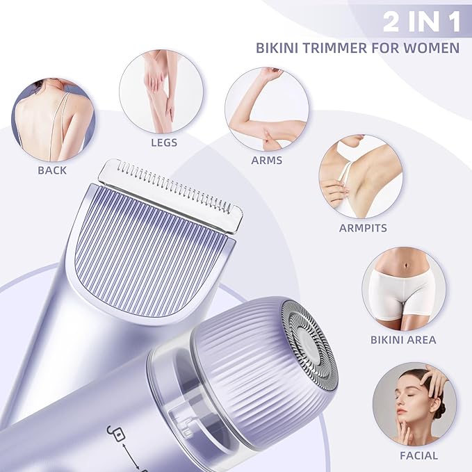 Bikini Trimmer for Women,Dual Head Shaver, IPX7 Waterproof, Compact Travel Design Bikini Shaver for Public Hair, Facial and Body(Purple)