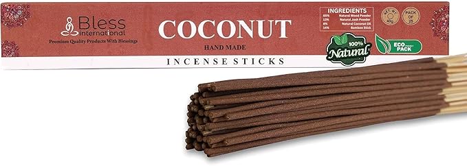 Bless-Coconut 100%-Natural-Handmade-Hand-Dipped-Incense-Sticks Organic-Chemicals-Charcoal-Free Purification-Relaxation-Positivity-Yoga-Meditation Best-Woods-Scent (25 Sticks (1.4 OZ))