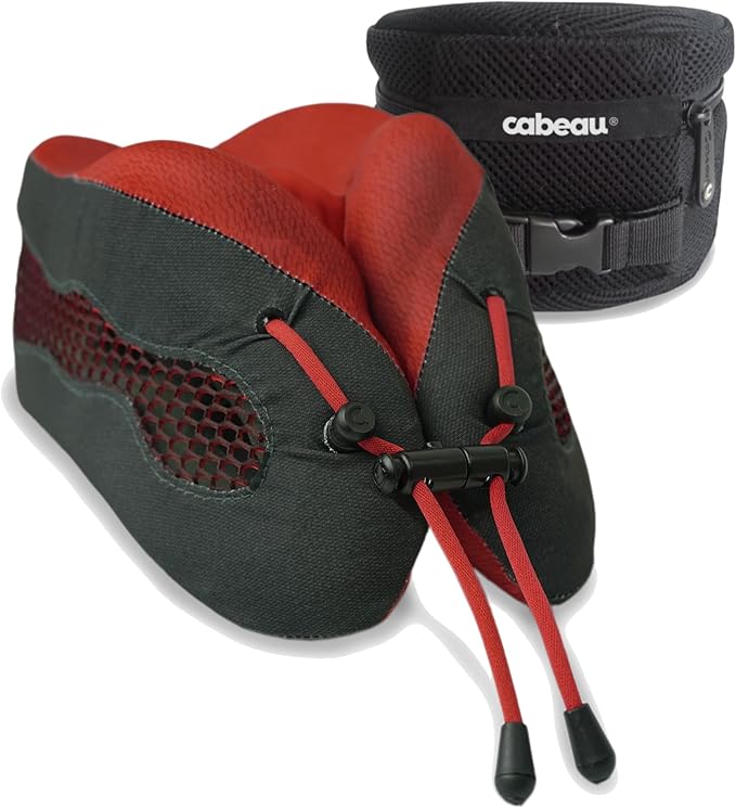 Cabeau Long Haul Flight Cooling Travel Neck Pillow – Evolution Cool – Supportive Memory Foam with Airflow Vents – Compact with Carrying Case (Red)