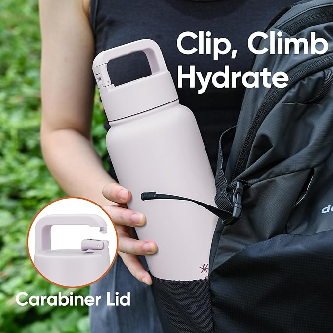 32 oz Insulated Water Bottle, 2-in-1 Lid, Straw & Spout with Protected, Leak Proof, Keep Cold, Stainless Steel, Metal, Reusable, Handle, for Outdoor, Gym and School, 2 Lids, Pale Mauve