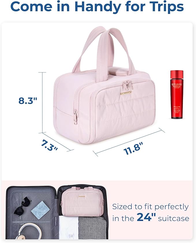 BAGSMART Travel Toiletry Bag, Lightweight Large Wide-open Travel Bag for Women, Puffy Cosmetic Makeup Bag Organizer with Handle for Accessories,Essentials, Toiletries, Pink