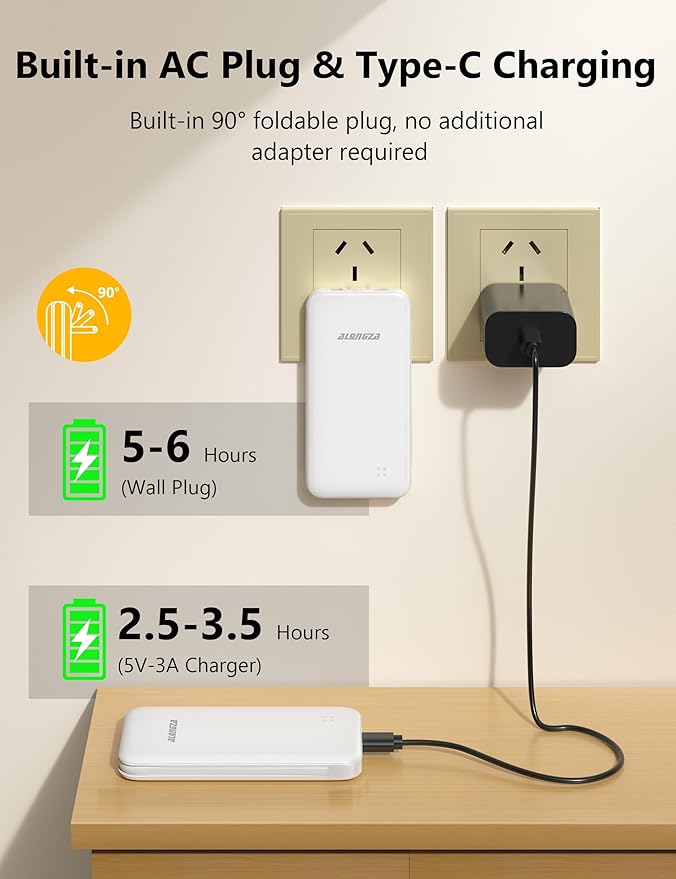 Alongza Portable Charger Built-in Cables and AC Wall Plug, Slim Fast Charging Power Bank 10000mAh, Lightweight USB C External Battery Pack Compact Travel Cell Phone Charger