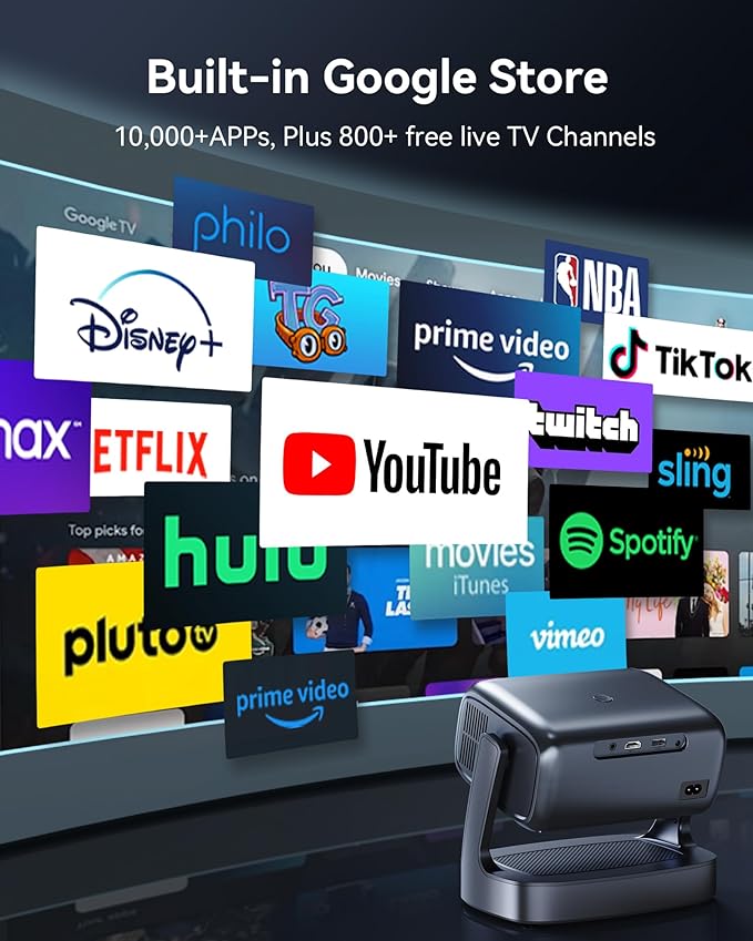 4K Projector with WiFi and Bluetooth, 1800 ANSI Outdoor Movie Projector with Built-in 10,000+ Apps, Native 1080P Portable Smart Home Proyector, Voice Control & Auto Focus/Keystone, Dual Speaker