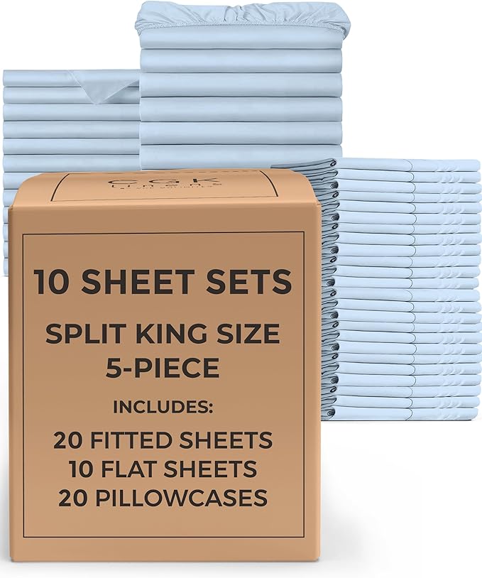 Bulk Case Pack of 10 Sheet Sets - (10) Complete Split King Size Sheet Sets w/ Deep Pockets - Wholesale Bulk Bedding for Hotels, Spas & Airbnbs - Breathable and Wrinkle Free - (Split King, Sky Blue)