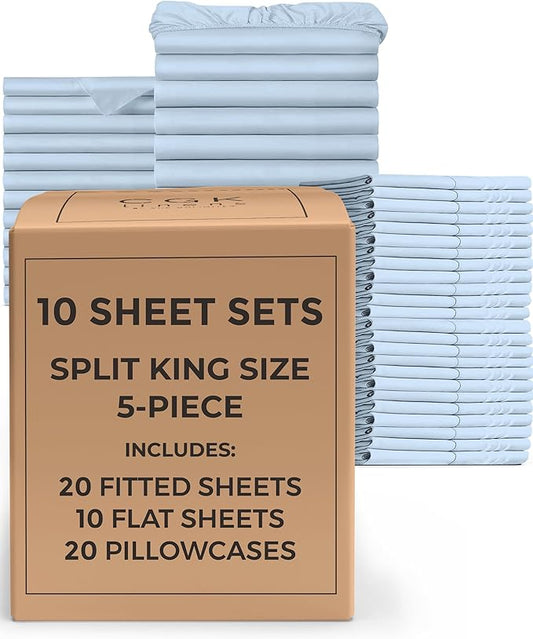Bulk Case Pack of 10 Sheet Sets - (10) Complete Split King Size Sheet Sets w/ Deep Pockets - Wholesale Bulk Bedding for Hotels, Spas & Airbnbs - Breathable and Wrinkle Free - (Split King, Sky Blue)