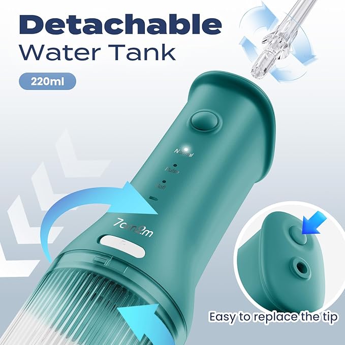 7AM2M Portable Water Flosser Cordless, Water Flosser for Teeth with 3 Modes and 2 Jet Tips, USB C Rechargeable, IPX7 Waterproof, Dental Water Flosser for Travel and Home Use (Peacock Green)