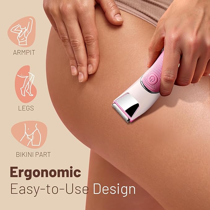 Bikini Trimmer for Women: Pubic Hair Razor with Mirror & LED Light, Electric Shaver with Ceramic Blades & Travel Lock - Body Groomer IPX7 Waterproof Use for Legs/Arm/Underarm - Red