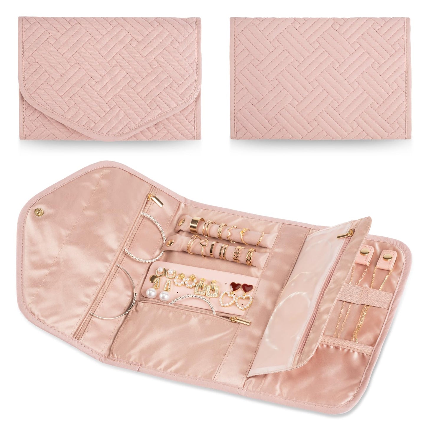 Amrules Travel Jewelry Organizer Bag Anti-Tangle Foldable Small Jewelry Roll Travel Case Accessory for Necklaces, Earrings, Rings, Bracelets, Watches, Pink