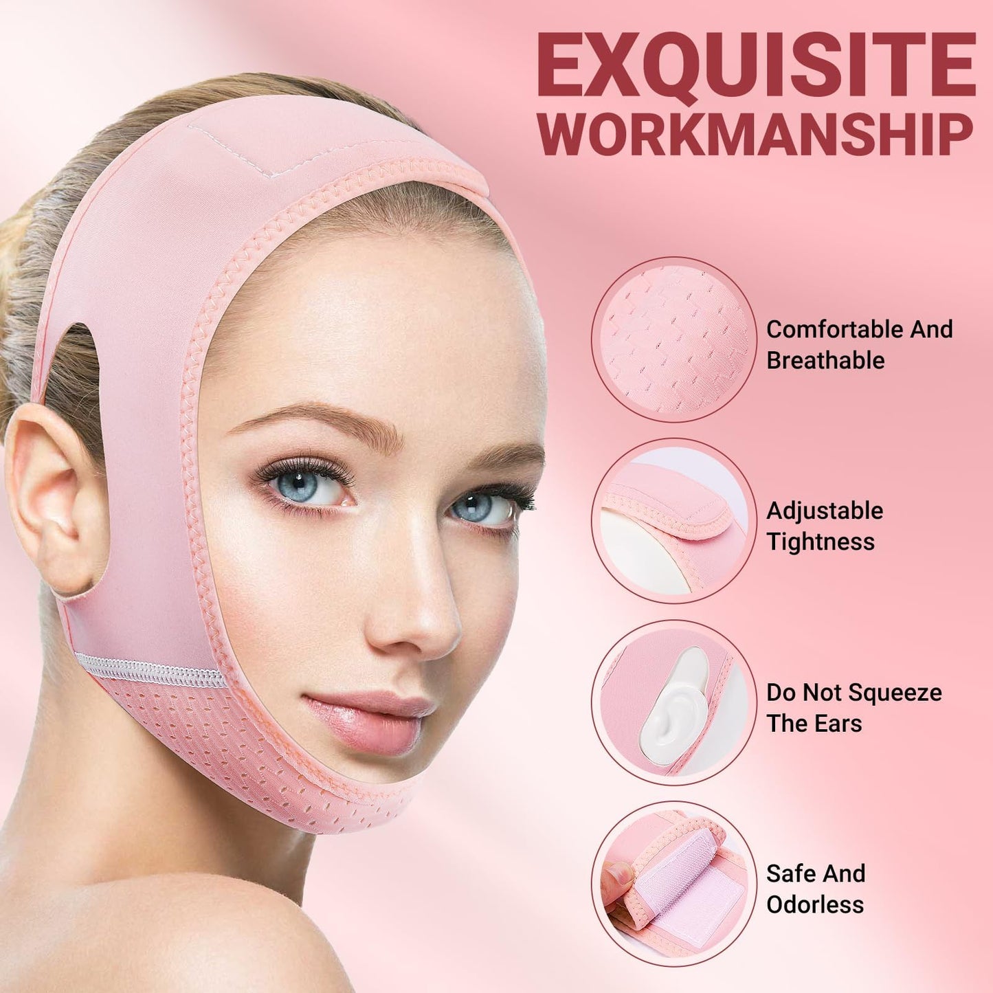 Juskaa Reusable V Line Lifting Mask with Chin Strap for Sleeping,Face Lift Prevent Sagging, Jaw Exerciser,Pink,M