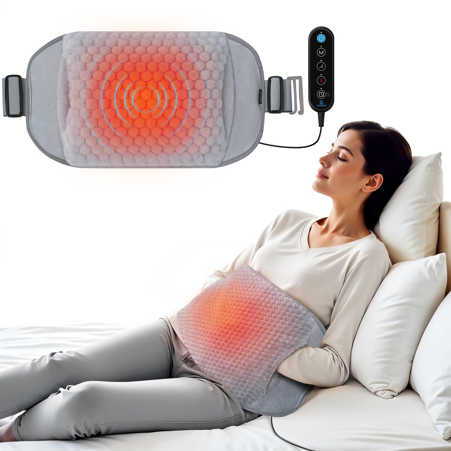 COMFIER Heating Pad with Massager for Back Pain,Extra Large Size Heating Pads for Cramps,Auto Shut Off,Wired Heated Waist Belt with 3 Vibration Modes,Gifts for Women Men,Grey