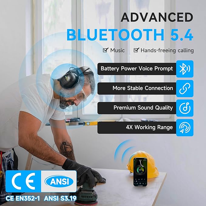 2025 Bluetooth 5.4 AM/FM Radio Ear Protection Headphones with Backlit Digital Display/Mic, 120H Working Time, Rechargeable, 30dB Noise Reduction Safety Earmuffs for Lawn Mowing, Workshop - Orange