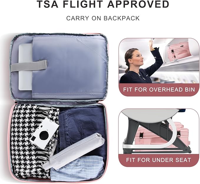 Carry On Backpack for Women, Pink Backpack, Large Expandable Travel Bag, 15.6 Inch Travel Laptop Backpack with USB, Personal Item Size Teacher Traveling Backpack, Pink