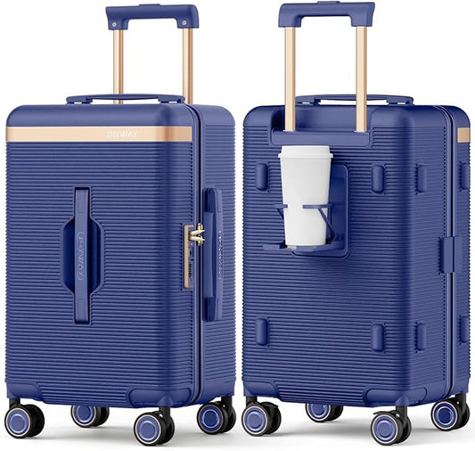 Joyway 22 Inch Carry on Luggage with Cup Holder, Hard Shell Carry-on Suitcases with Shock Absorbing Spinner Wheels, Lightweight Luggage with TSA Lock for Women Men, Blue