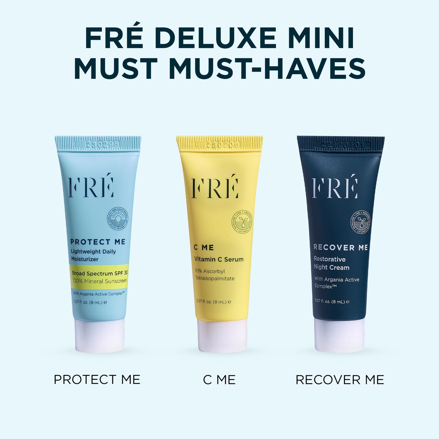 FRE DELUXE Mini Must Haves Skin Care Set with C ME, PROTECT ME & RECOVER ME- Anti Aging Vitamin C Brightening Serum, Face Moisturizer SPF 30 Travel Size Mineral Sunscreen & Restorative Night Cream