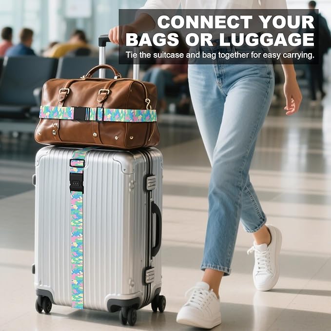 2 Pack Luggage Straps, Adjustable Cute Printing with Combination Lock Luggage Straps for Women Men Travel School Business Trips-Camouflage