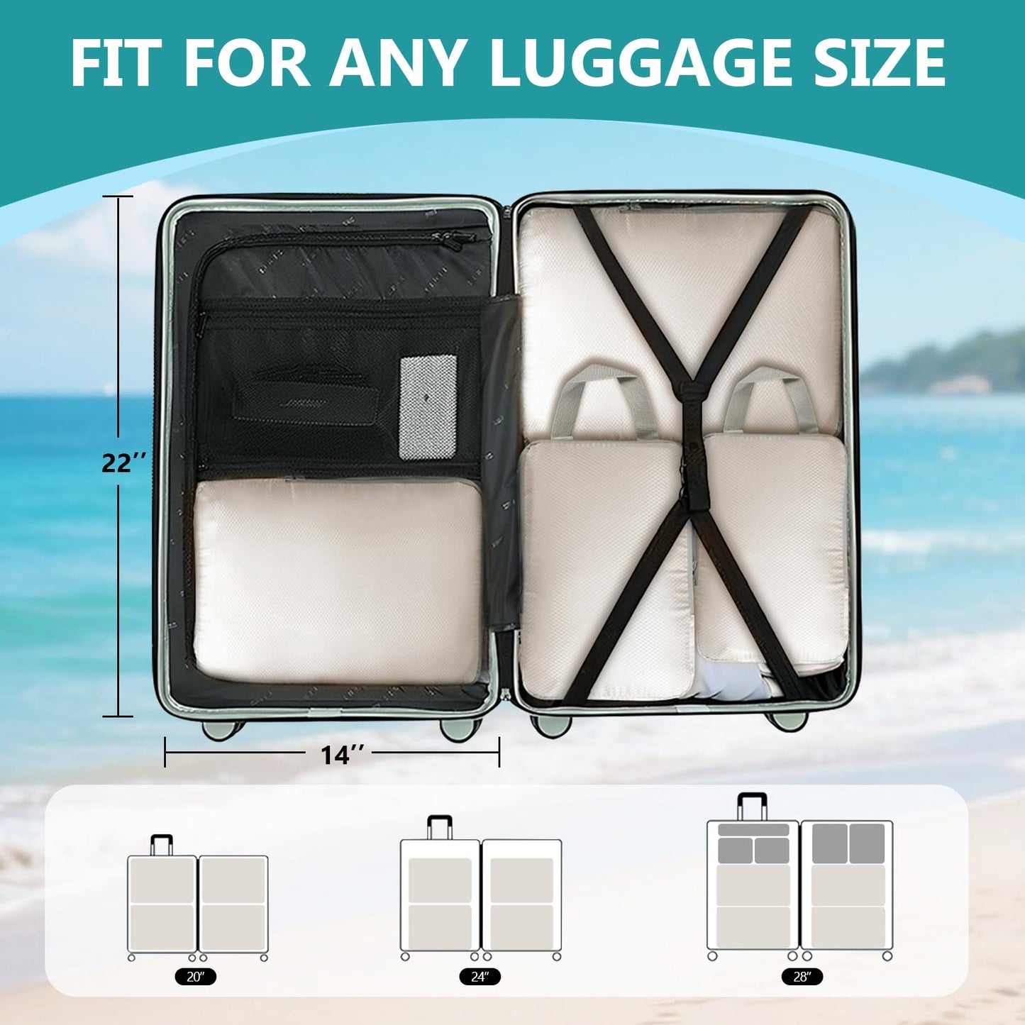Compression Packing Cubes for Travel, 4 Set Suitcase Organizer Bags for Luggage, Lightweight Luggage Organizer Bags, Travel Cubes for Carry on, Off-White