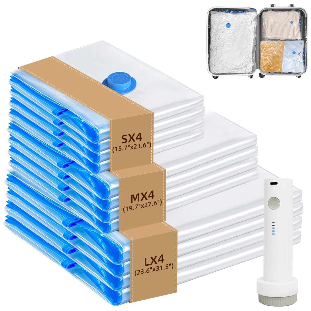 Vacuum Seal Bags with Portable Electric Pump, 12 Pack Vacuum Storage Bags for Clothing Travel, Compression Packing Space Saver Bags for Luggage Suitcase (4 Small & 4 Medium & 4 Large)