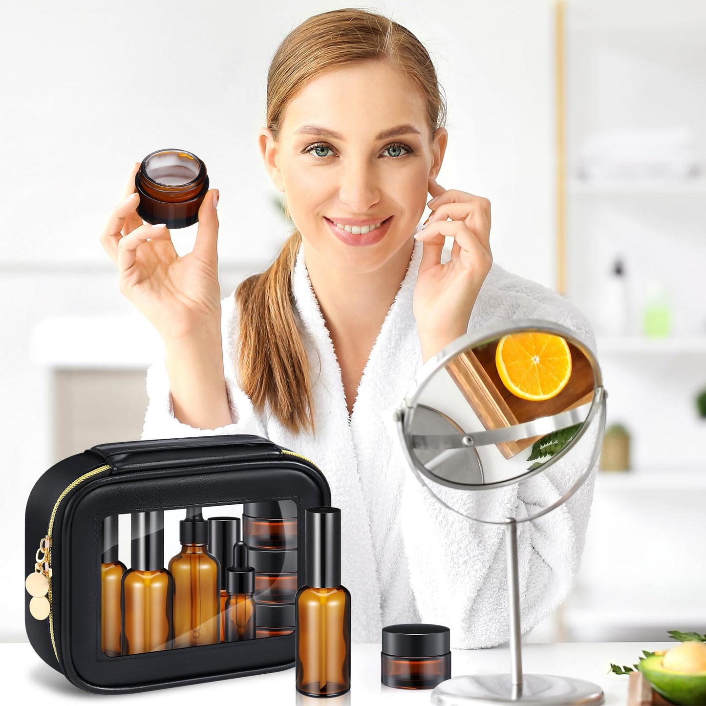 Jingmore 13 Pcs Glass Skincare Travel Containers Mini Makeup Containers Travel Size Toiletries Bottles with Pump Spray and PU Leather Toiletry Bag for Liquid Serum Cream Moisturizers Oils(Brown)