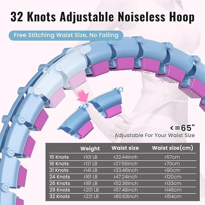 65inch 32 Knots Plus Size Quiet Weighted Hula Infinity Fitness Detachable Hoops Smart Silent Infinity Hula for Women 2 in 1 Waist and Abdominal Workout Hoop