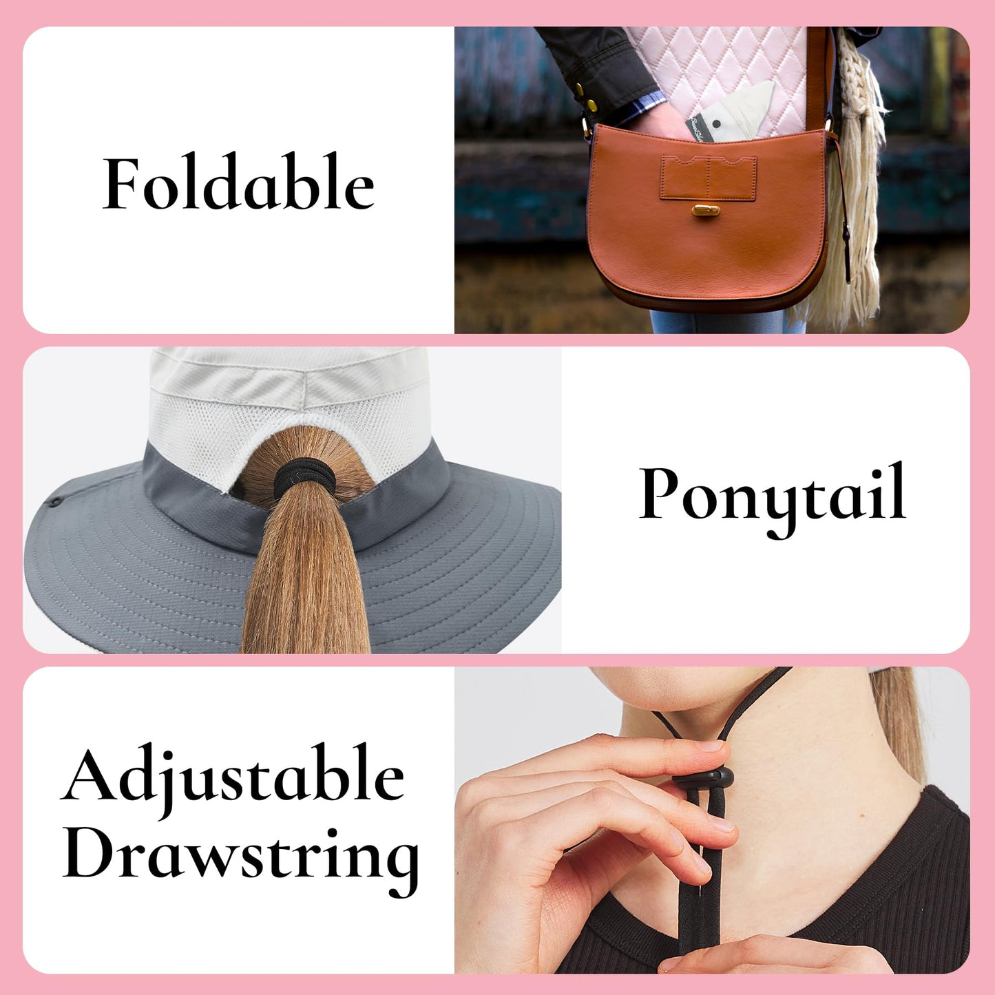 NPQQUAN Ponytail Sun Bucket Hat for Women Men Wide Brim UPF 50+ Fishing & Beach Hats Beige/Grey