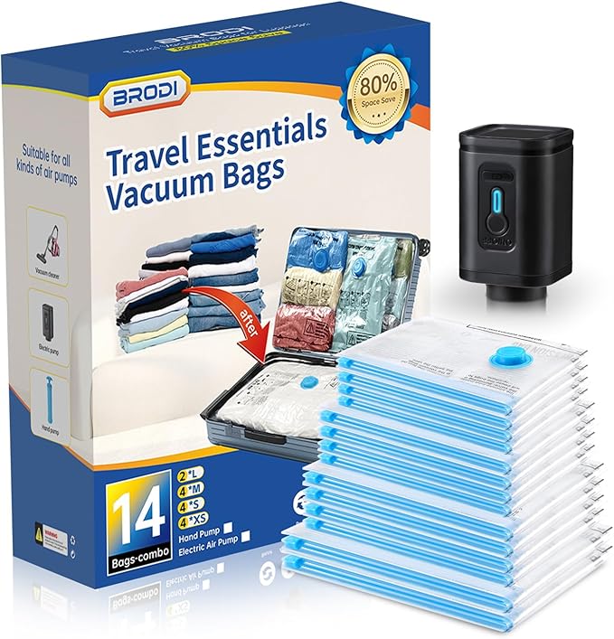 BRODI 14 Combo Pack Travel Vacuum Bags with Pump - Space Saver & Travel Essentials, Vacuum Seal Bags for Clothing and Luggage