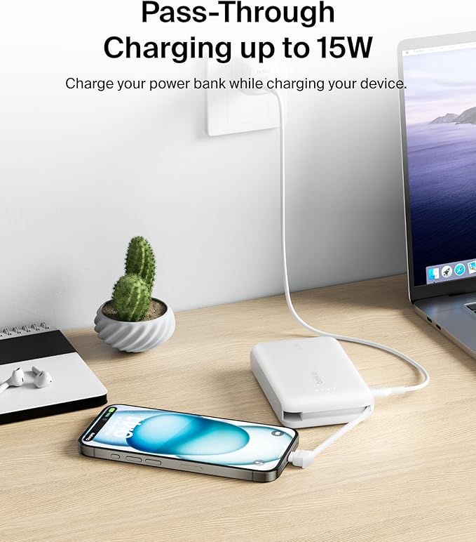 Belkin Portable Charger, Power Bank with Integrated Cable 10000 mAh 20W - Fast Charge USB C Power Delivery, iPhone Charger - iPhone 17, Air, Pro, Pro Max, iPad, Galaxy S25, & More - White