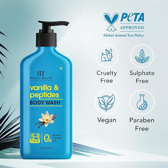 Botanic Hearth Vanilla & Peptides Body Wash – Hydrating Shower Gel with 5 in 1 Care, Sulphate & Paraben Free, Gentle Daily Cleanser for All Skin Types, 16 fl oz