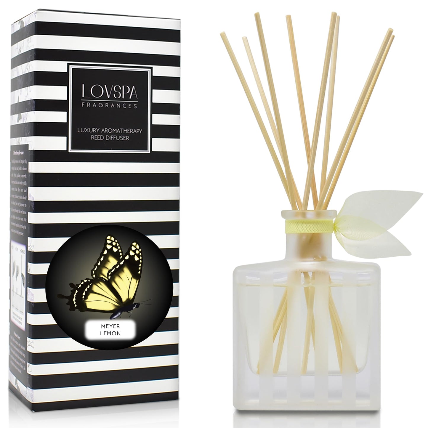 LOVSPA Reed Diffuser Set, Meyer Lemon Scented Oil Diffuser with Sticks, Home Fragrance Accessories for Bathroom Shelf Decor, Aroma Diffusers for Home or Office Desk, USA Made