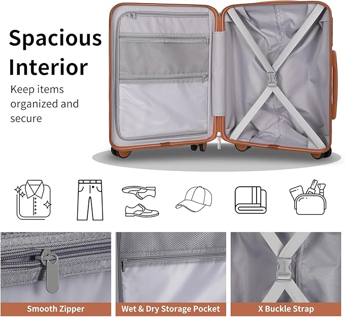 5-Piece Lightweight Luggage with Backpack Sets, ABS+PC Hard Shell Suitcase with TSA Lock & YKK Zipper (Black Brown, 20in/24in/28in/BP/TB)