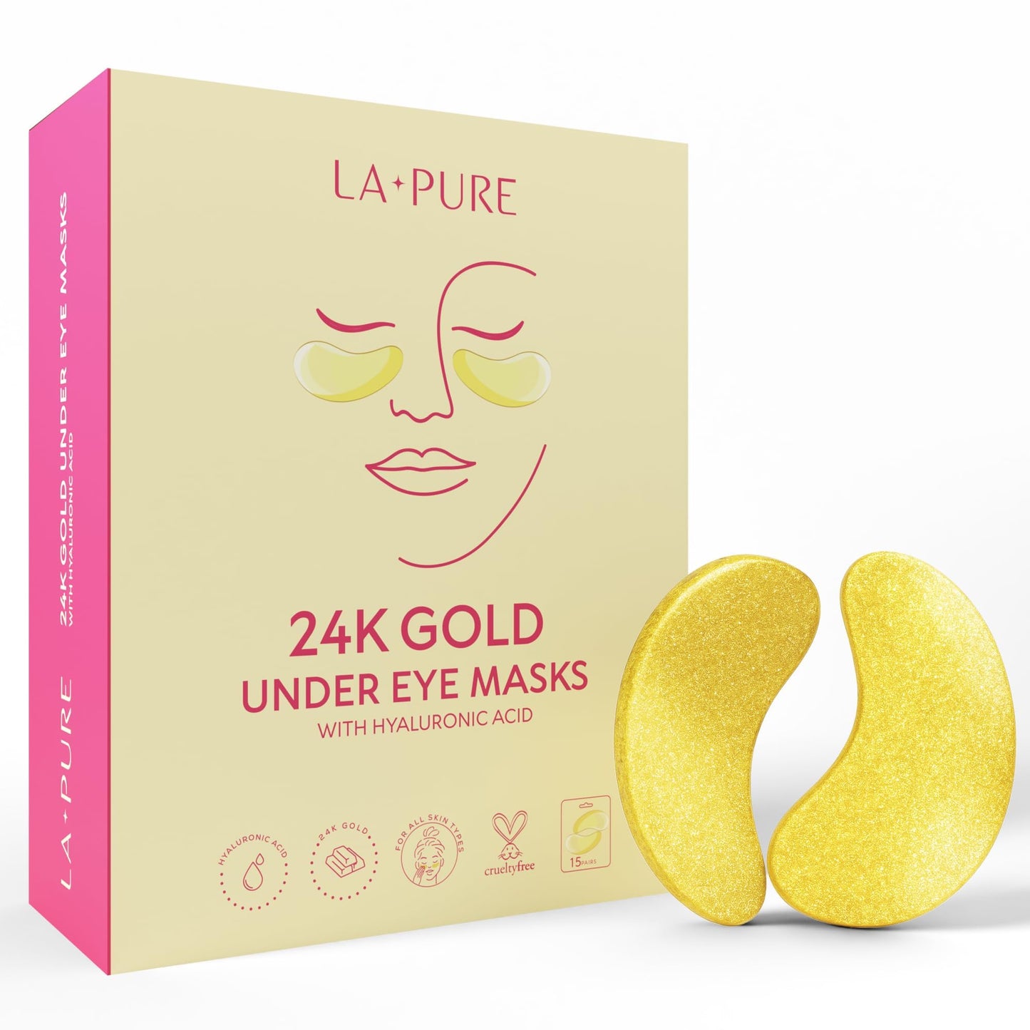 LA PURE 24k Gold Under Eye Mask for Dark Circles and Puffiness, Revitalizing & Non-Irritating Anti Aging Eye Patches with Hyaluronic Acid & Collagen - Dermatologically Tested - 15 Pairs Eye Gel Pads