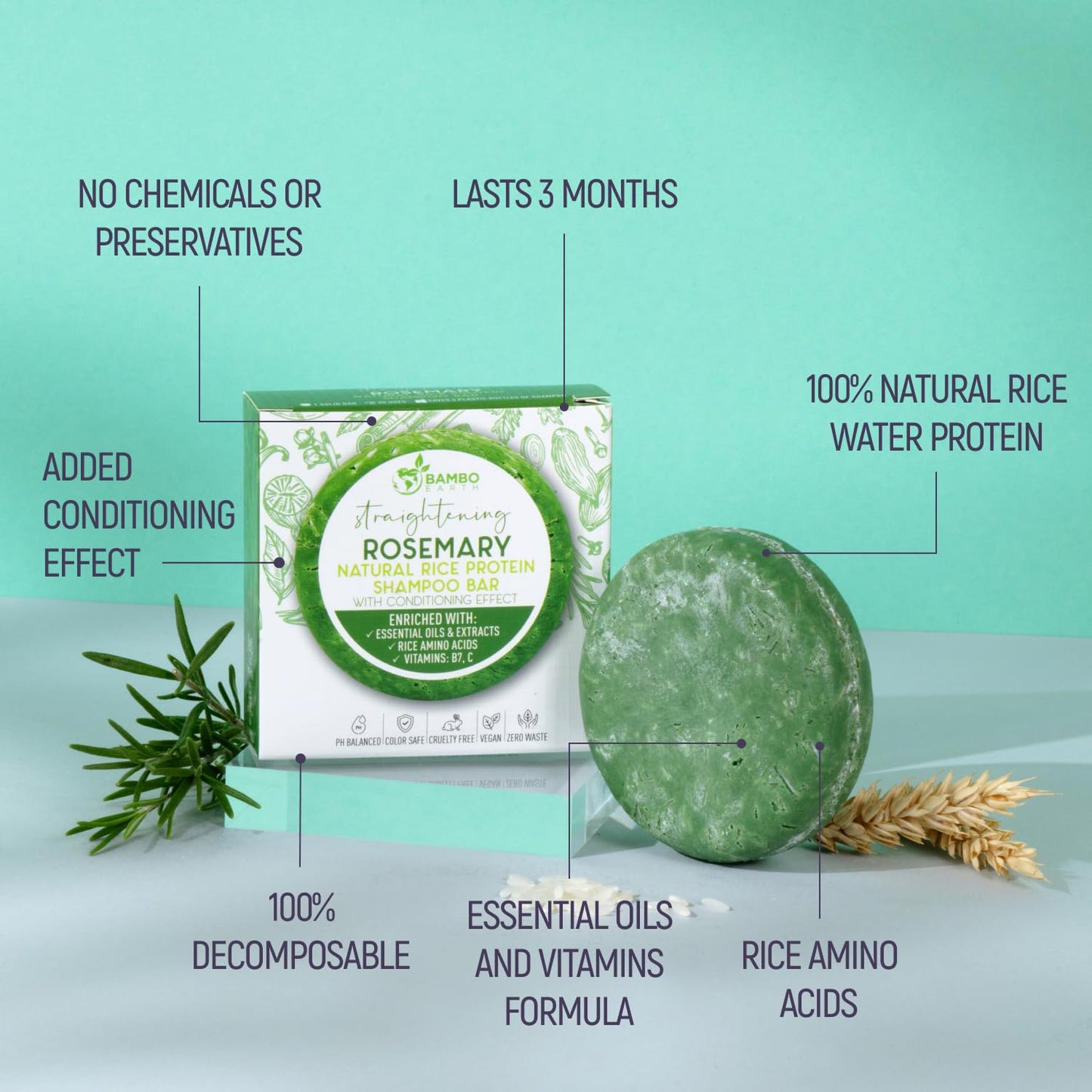 BAMBOEARTH Solid Rice Protein Water Shampoo Bar With Conditioner Effect Hair Soap – Shampoo Bars For Hair With All Natural Plant Based Essential Oils And Zero Waste Packaging (Rosemary)