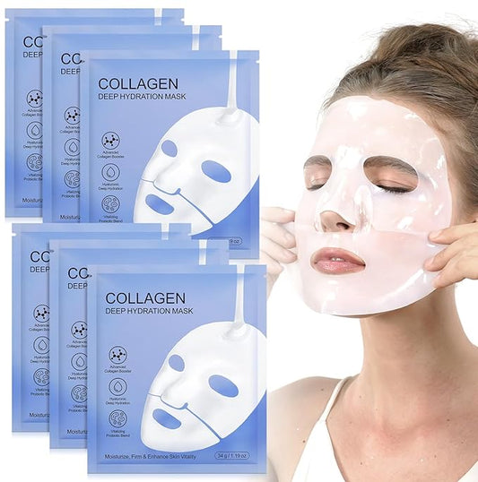 Collagen Face Mask, Hydrating Overnight Hydrogel Mask, Pore Minimizing, Elasticity Improvement, Firming, Moisturizing Collagen Facial Mask- 6 Pack