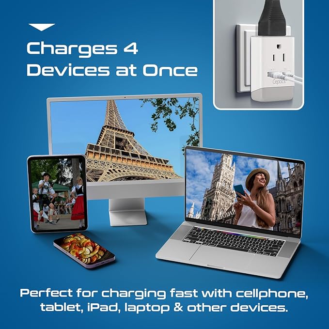 Ceptics Germany France Travel Plug Adapter, QC 3.0 & PD, Safe Dual USB & USB-C - 2 USA Socket Compact & Powerful - Use in Korea Russia France Spain Norway - Type E/F AP-9 - Fast Charging