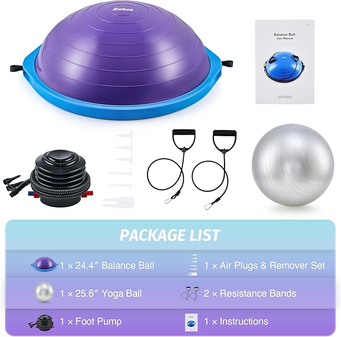 ZELUS 25in. Balance Ball | 660lb Inflatable Half Exercise Ball Wobble Board Balance Trainer w Nonslip Base | Half Yoga Ball Strength Training Equipment w 2 Bands, Pump, Extra Ball Included