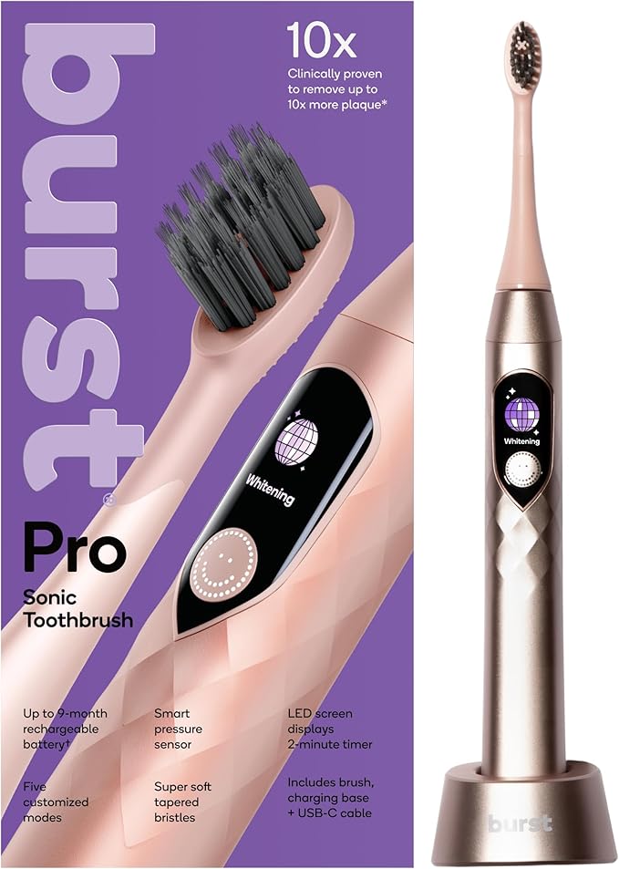 Burst Pro Sonic Advanced Electric Toothbrush for Adults (Rose Gold) | Soft Bristles | 33,000 Vibrations | Long-Lasting Battery and Multiple Brushing Modes