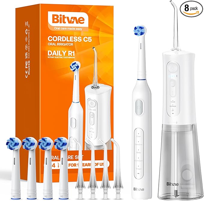 Bitvae Water Dental Flosser Teeth Picks, Cordless Water Flosser for Teeth, Braces, Dental Care and Rechargeable Rotary Electric Toothbrush Combo Set, 4 Tips, 4 Brush Heads, Waterproof, White, C5+R1